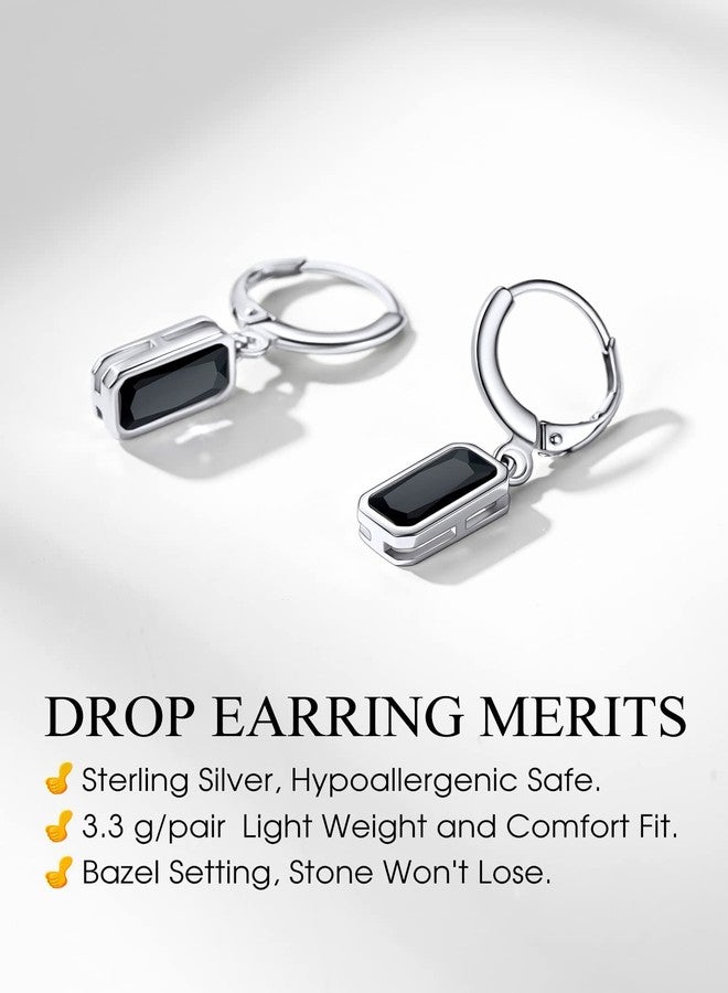 Bestyle Dainty Black Onxy Drop Earrings for Women - Rectangular Birthstone Dangle Earring with Hypoallergenic Silver Huggie Hoops - Trendy Black Baguette Dangle Hoop Earrings - Image 5